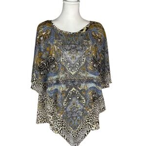 B.L.E.U. Boho‎ Rhinestone Embellished Paisley Leopard Tunic Handkerchief Hem XL